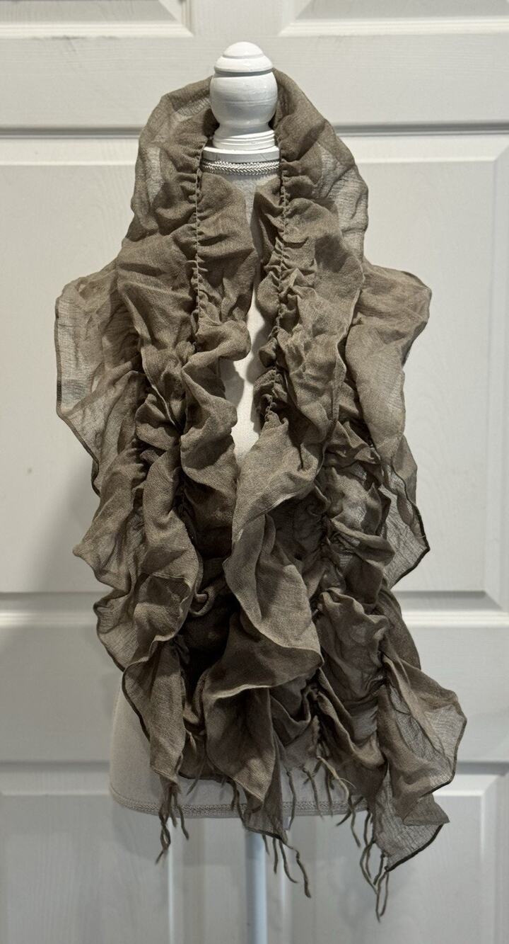 Anthropologie Soft Gray Taupe Wool Woven Ruffled Ruched Scarf Fringe